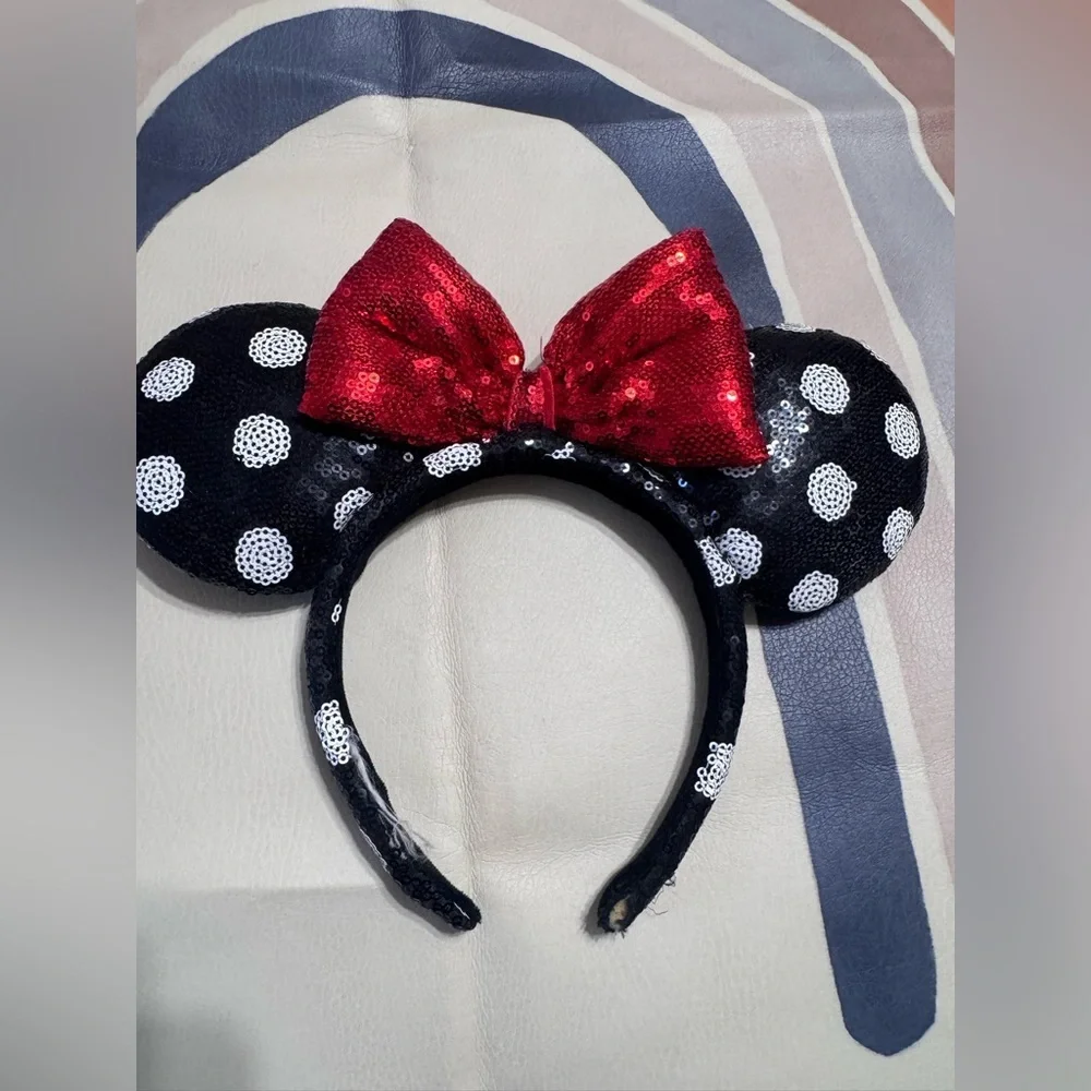 Disney Parks Black & White Polka Dot with Red Bow Sequined Minnie Ear Headband